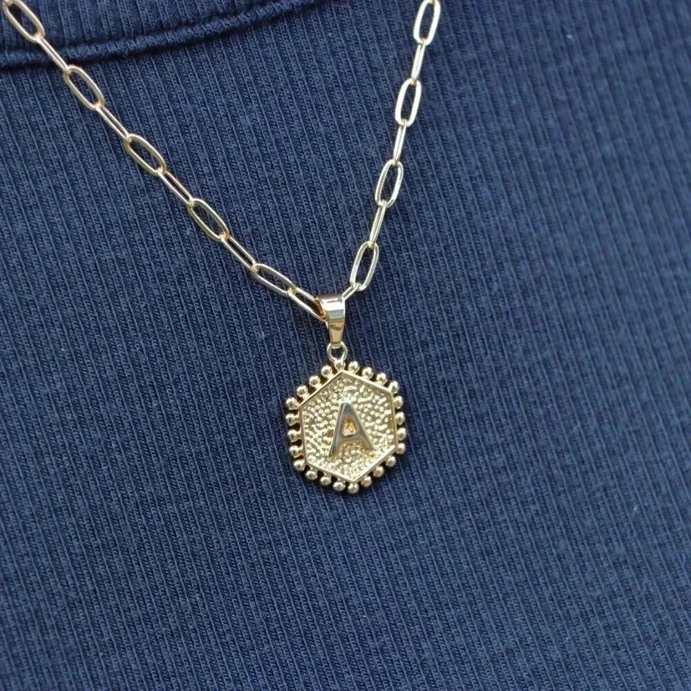 2 LAYER GOLD LETTER INITIAL COIN HEXAGONAL PENDANT  DAINTY NECKLACE, ELDM22335 - Picture 9 of 13